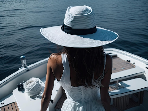 Beautiful young woman back view in white dress in the boat ai generative