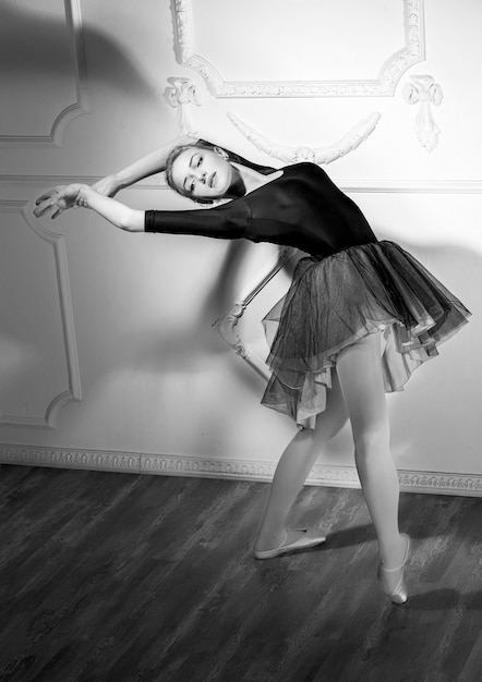 Красивая молодая женщина-балерина танцует с балетной пачкой в силуэте