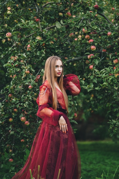 Foto una bellissima giovane donna in abito da bardo sta guardando nel campo e nel giardino.