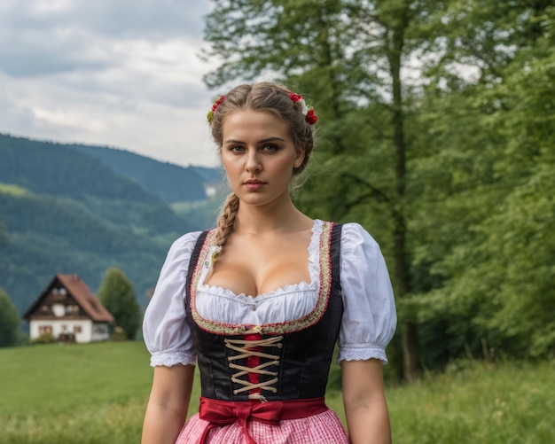 Photo a beautiful young woman in bavarian dress standing in front of a house