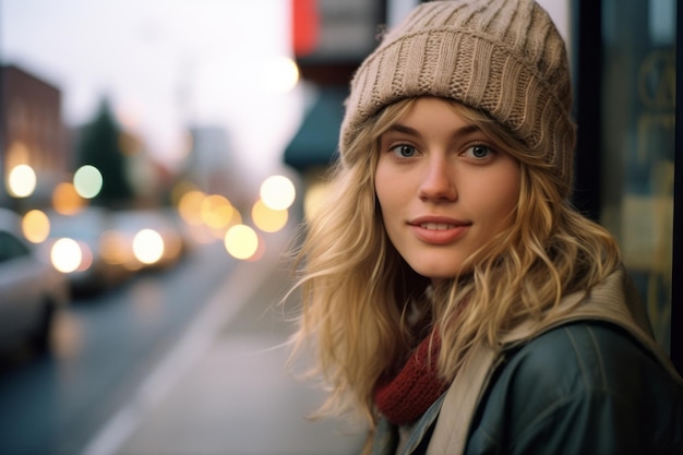 a beautiful young woman in a beanie and jacket standing on a street at night