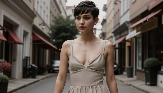 Beautiful young woman in a beautiful dress on the street of the city ai generative