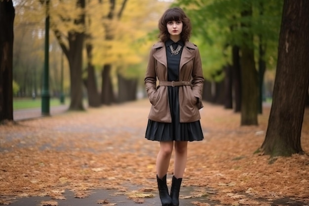 秋の公園で歩いているベージュのコートを着た美しい若い女性