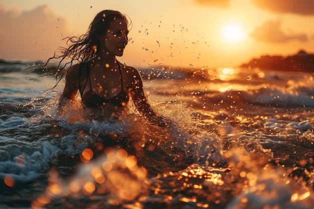 Beautiful young woman in bikini splashing water on the beach at sunset