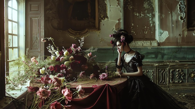 Foto una bella giovane donna con un vestito nero è seduta in una stanza buia è circondata da fiori