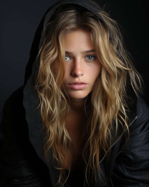 a beautiful young woman in a black hoodie