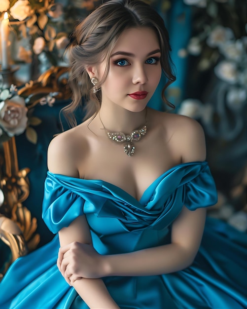 A Beautiful Young Woman in a Blue Dress Posing