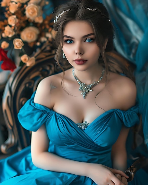 A Beautiful Young Woman in a Blue Dress Posing