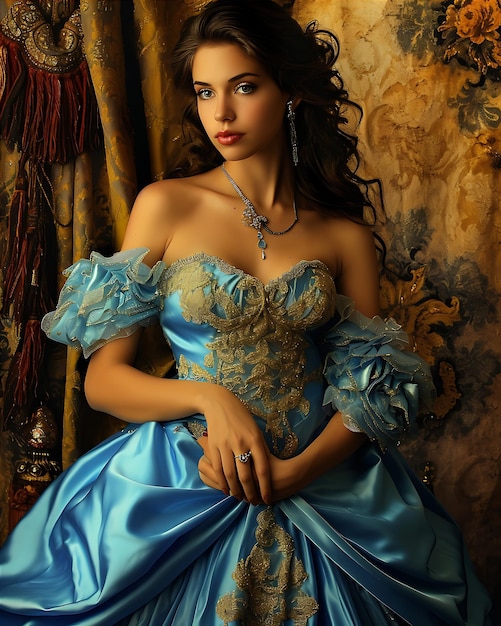 A Beautiful Young Woman in a Blue Dress Posing