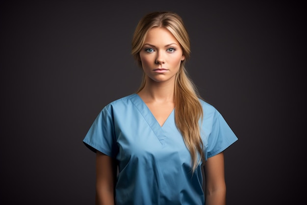 a beautiful young woman in blue scrubs on a black background