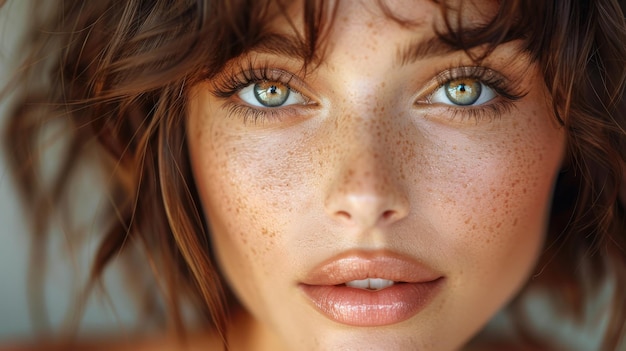 A beautiful young woman in a bob hairstyle on a studio background focus on her eyes