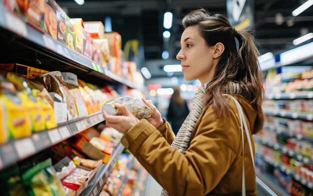 Beautiful young woman browse through shelf in supermarket