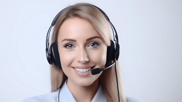 Beautiful Young Woman Call Center Operator Wearing Headphones with a Microphone