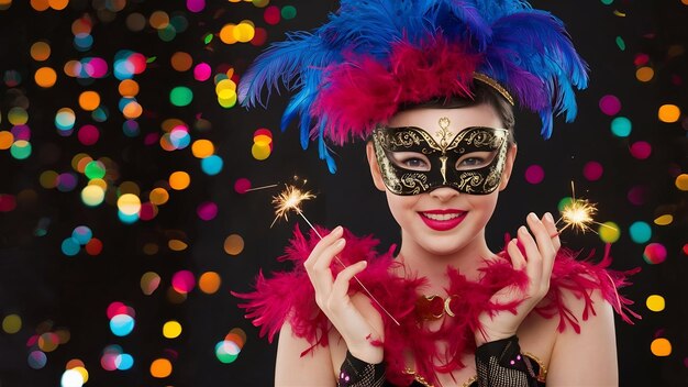 Красивая молодая женщина в карнавальной маске и стильном маскарадном костюме с перьями и искрами.
