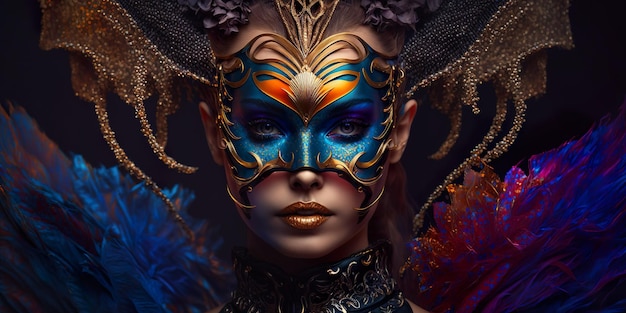 Beautiful young woman in carnival and masquerade costume on gradient in neon light facemask