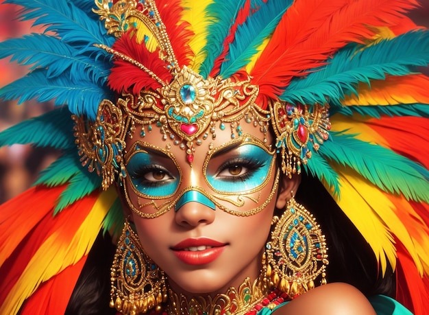 Beautiful young woman in carnival with feathers costume