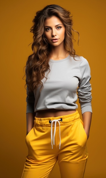 Beautiful young woman in casual clothes over yellow background Studio shot