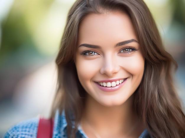 A beautiful young woman in casual clothing smiling at the camera