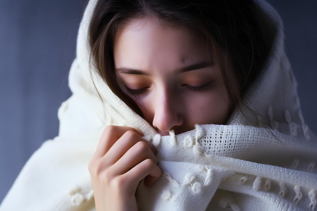 A beautiful young woman caught a cold and wrapped herself in a white blanket to keep warm