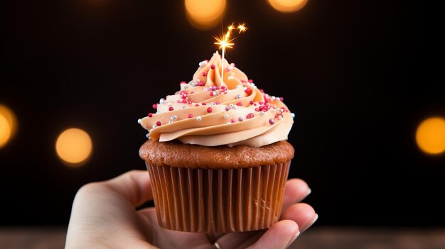 写真 シンプルな灰色の背景でカップケーキと点灯したキャンドルで祝う美しい若い女性
