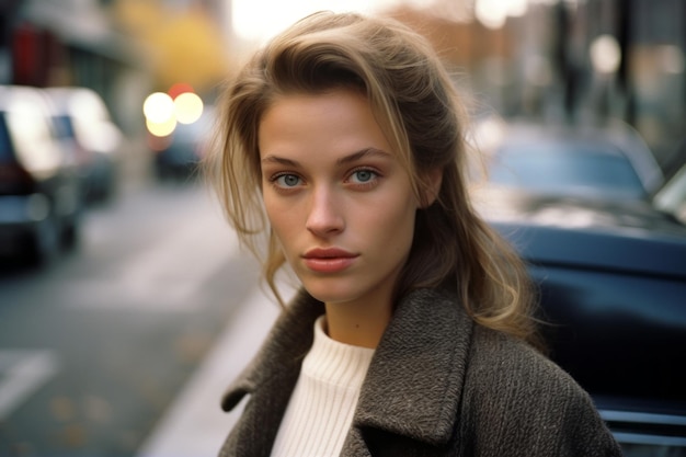 a beautiful young woman in a coat standing on the street