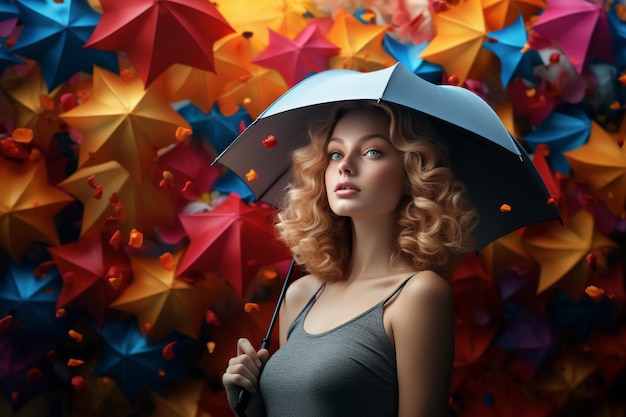 Beautiful young woman in a colorful dress with an umbrella in the rain