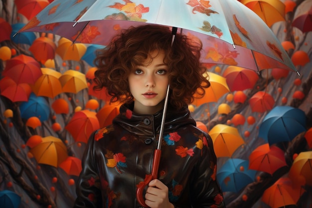 Beautiful young woman in a colorful dress with an umbrella in the rain