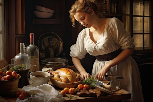 Beautiful young woman cooking turkey in the kitchen Rustic style woman is preparing proper meal AI Generated