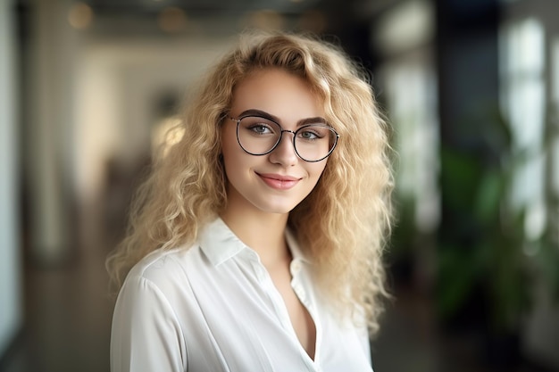 Beautiful young woman curly blonde hair using conputer laptop in the office and smiling Portrait of