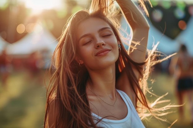 Foto bella giovane donna che balla al festival musicale ai generativa