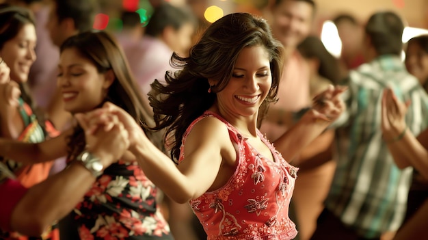 Beautiful young woman dancing salsa at a party with her friends She is smiling and holding hands with another woman
