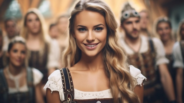 Прекрасная молодая женщина в dirndl позирует на oktoberfest