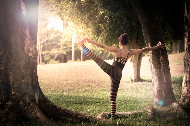 Beautiful young woman  doing yoga exercise on green grass in the park