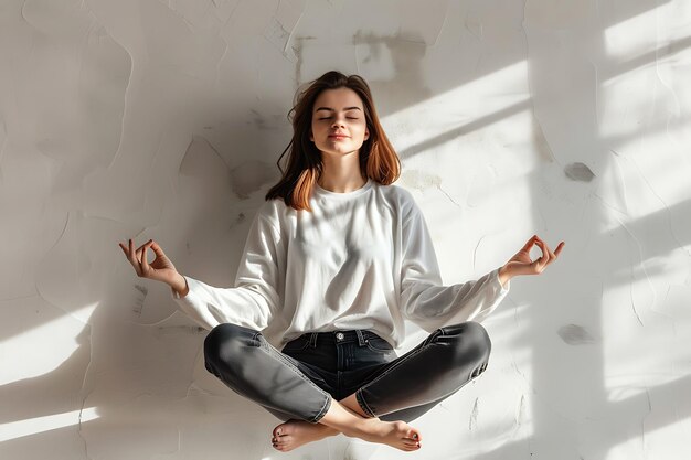 Beautiful young woman doing yoga on white wall