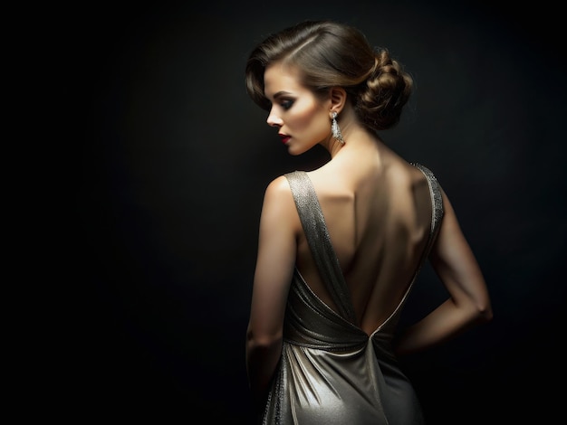 Beautiful Young Woman in Dress with open Back Pretty brunette Girl