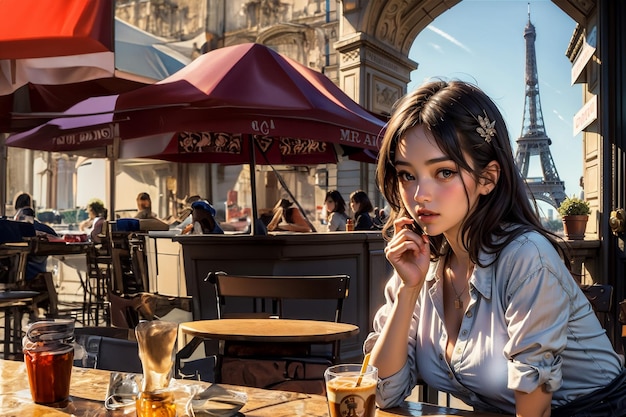 사진 에펠탑 근처 파리에서 커피를 마시는 아름다운 젊은 여성