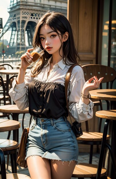 Beautiful young woman drinking coffee in Paris near the Eiffel tower