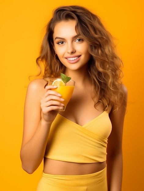 Beautiful young woman drinks orange juice on a yellow background
