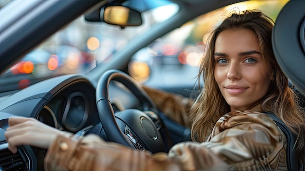 街で車を運転する美しい若い女性 クローズアップ