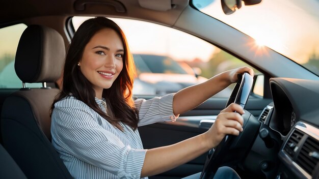 Foto bella giovane donna che guida la sua nuova macchina al tramonto donna in auto in primo piano ritratto di aspetto piacevole