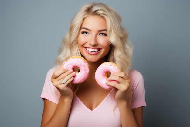 Photo beautiful young woman eating delicious glazed dougnuts holding two pink donuts and smiling white bac