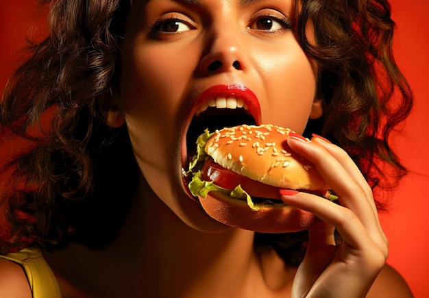 Photo beautiful young woman eating a hamburger closeup