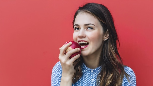 Beautiful young woman eating red apple over white background