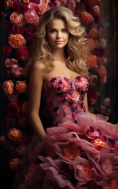 Beautiful young woman in elegant dress surrounded by flowers