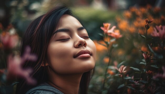 A beautiful young woman enjoying nature beauty in the outdoors generated by artificial intelligence