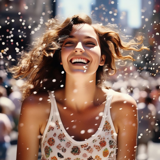 Photo beautiful young woman enjoying summer vacation on a sunny day wearing a white t shirt and je