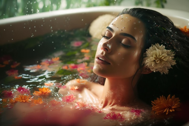 A beautiful young woman enjoys a relaxing floral bath to destress AI generated