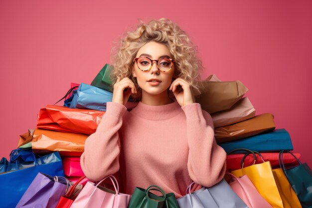красивая молодая женщина в очках, держащая сумки с покупками и отводящая взгляд в сторону, изолированная на розовом