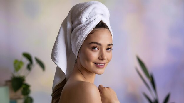 Beautiful young woman face with white towel on her head