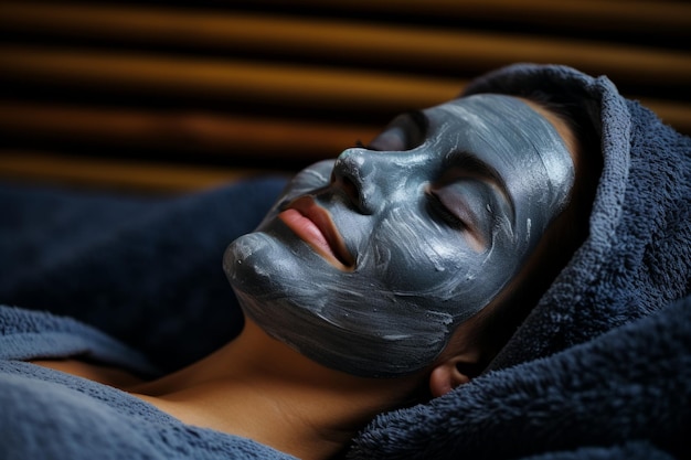 Beautiful young woman facial mask clay charcoal skincare female lady taking care skin beauty